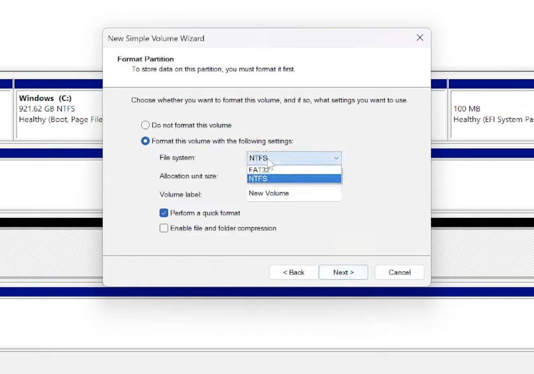 Choose NTFS or exFAT